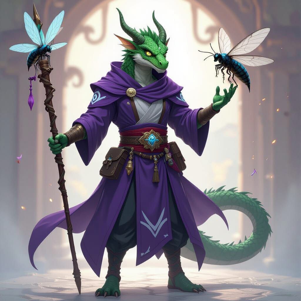Green Dragonborn Sorcerer with Insect Staff