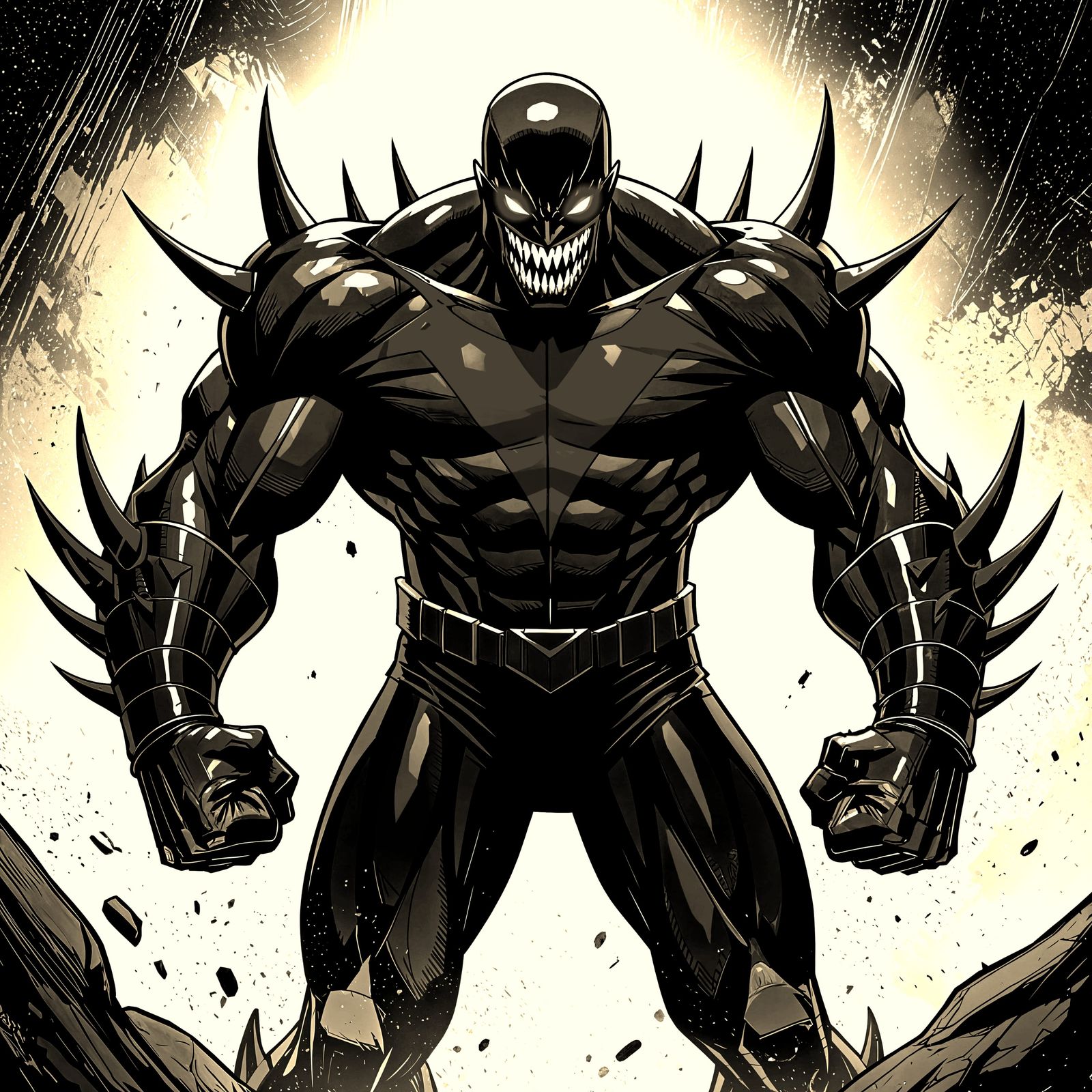 Supervillain in Black and Red Suit with Massive Fists