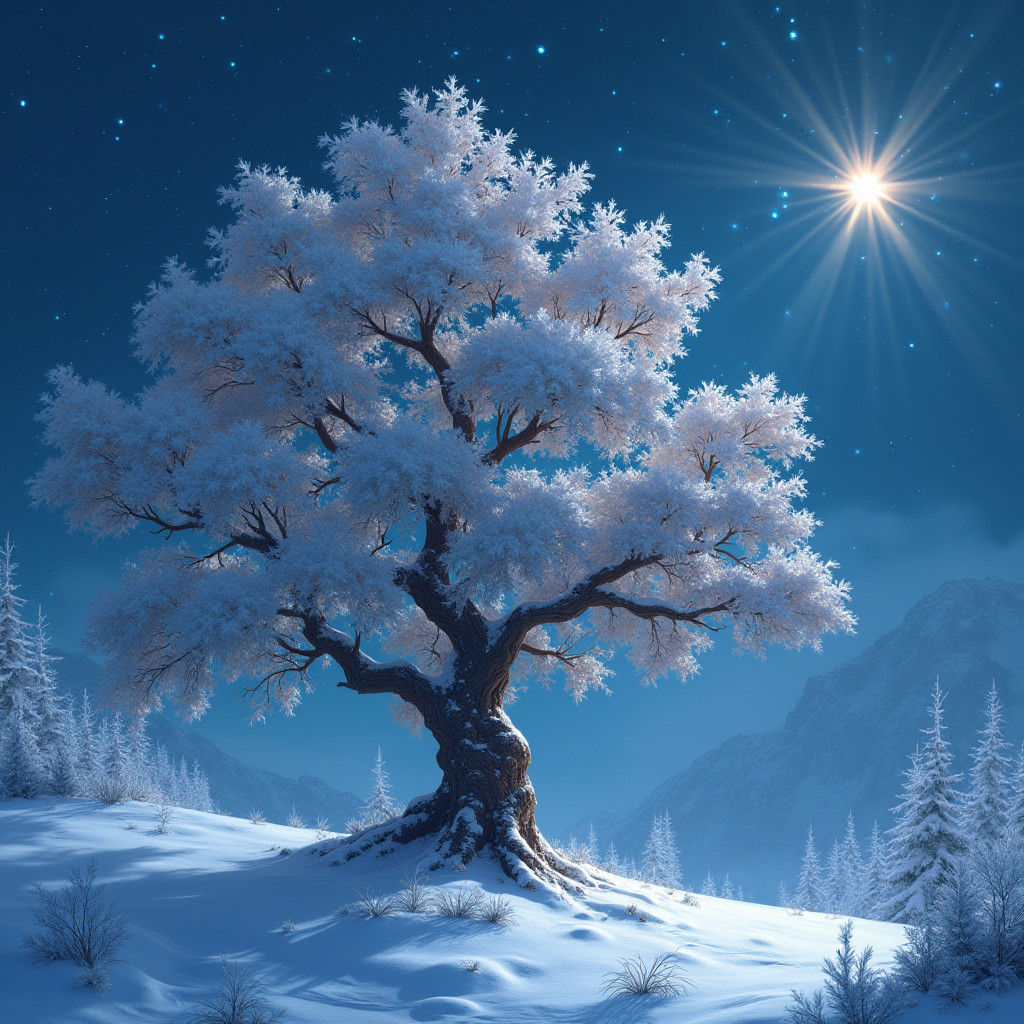 Snow-Kissed Tree Under Ethereal Starry Sky