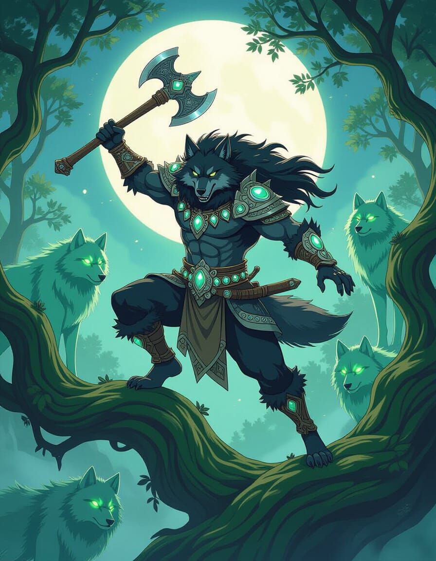 Wolf Barbarian Leaps in Misty Forest, Watercolor Style