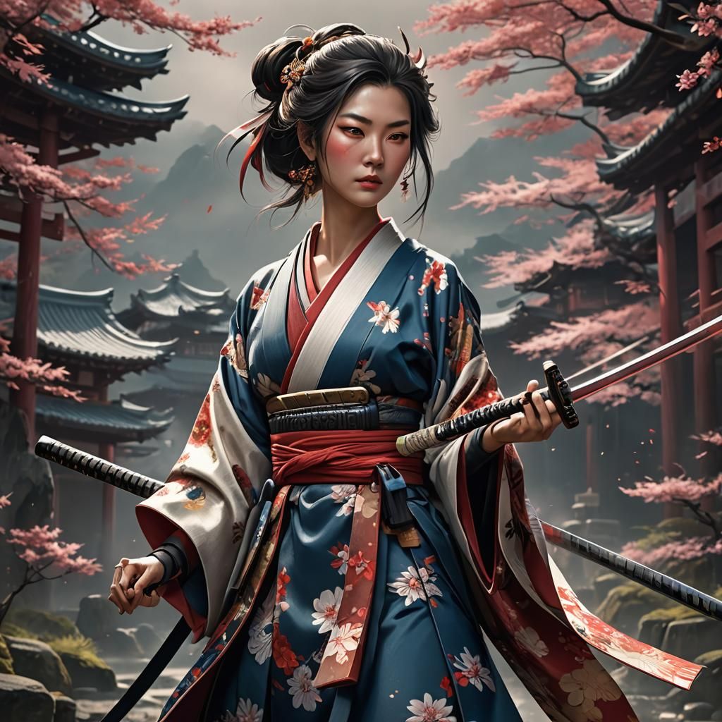 Samurai Lady in Kimono with Katana: Fantasy Concept Art