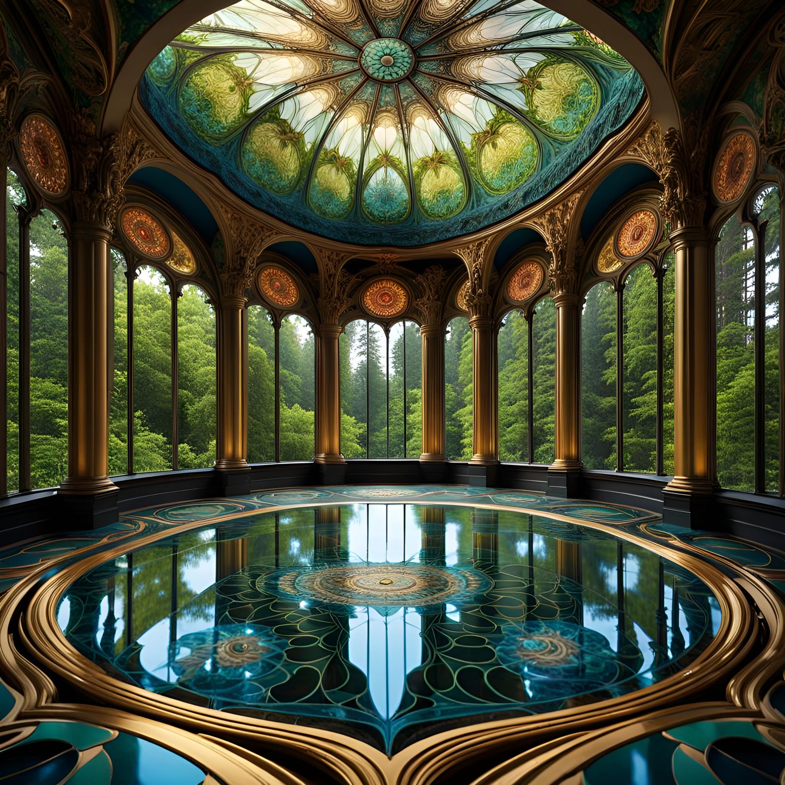 Kaleidoscopic Mandala: Cathedral View of Forest in Art Nouve...