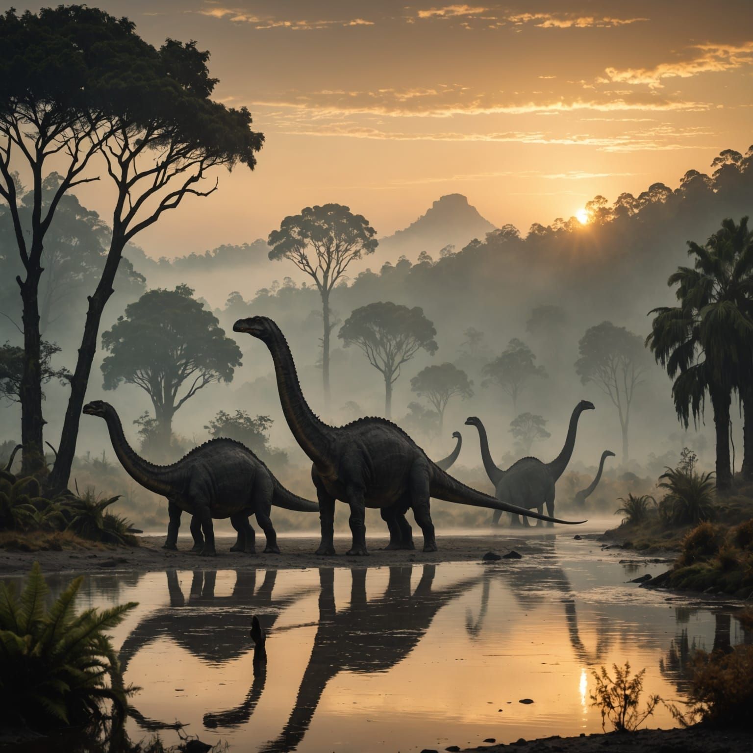 Diplodocus Herd at Dawn in Jurassic Landscape
