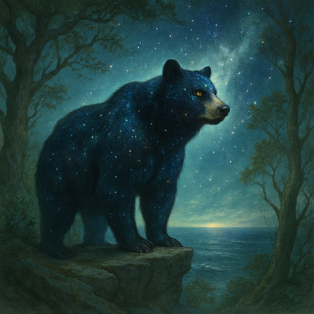 Cosmic Black Bear Overlooking Starlit Ocean