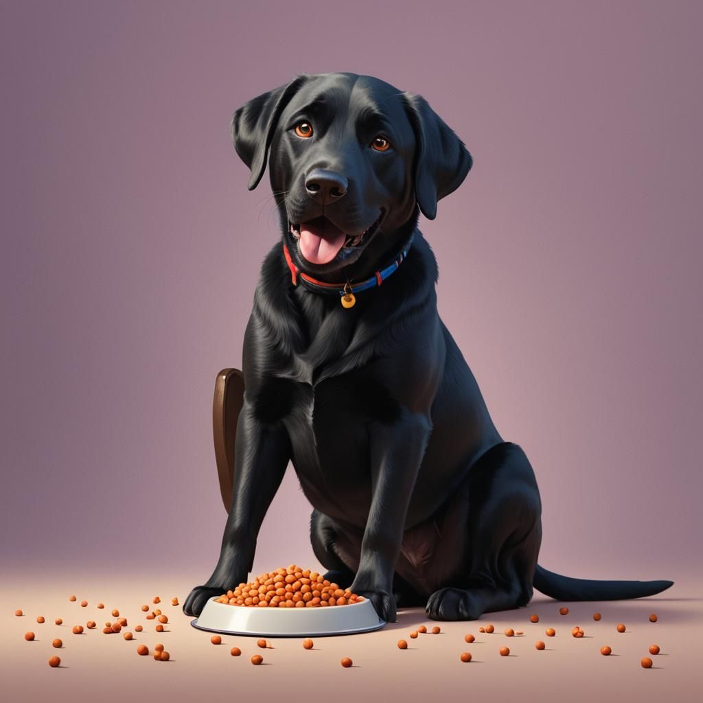 A black Lab eating his dog food.