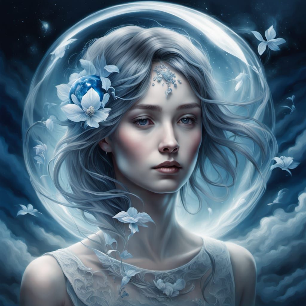 Surreal Woman's Face Reflecting World Globe in Ethereal Sky