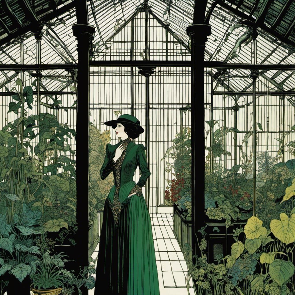 Elegant Woman in Greenhouse, Art Nouveau Style