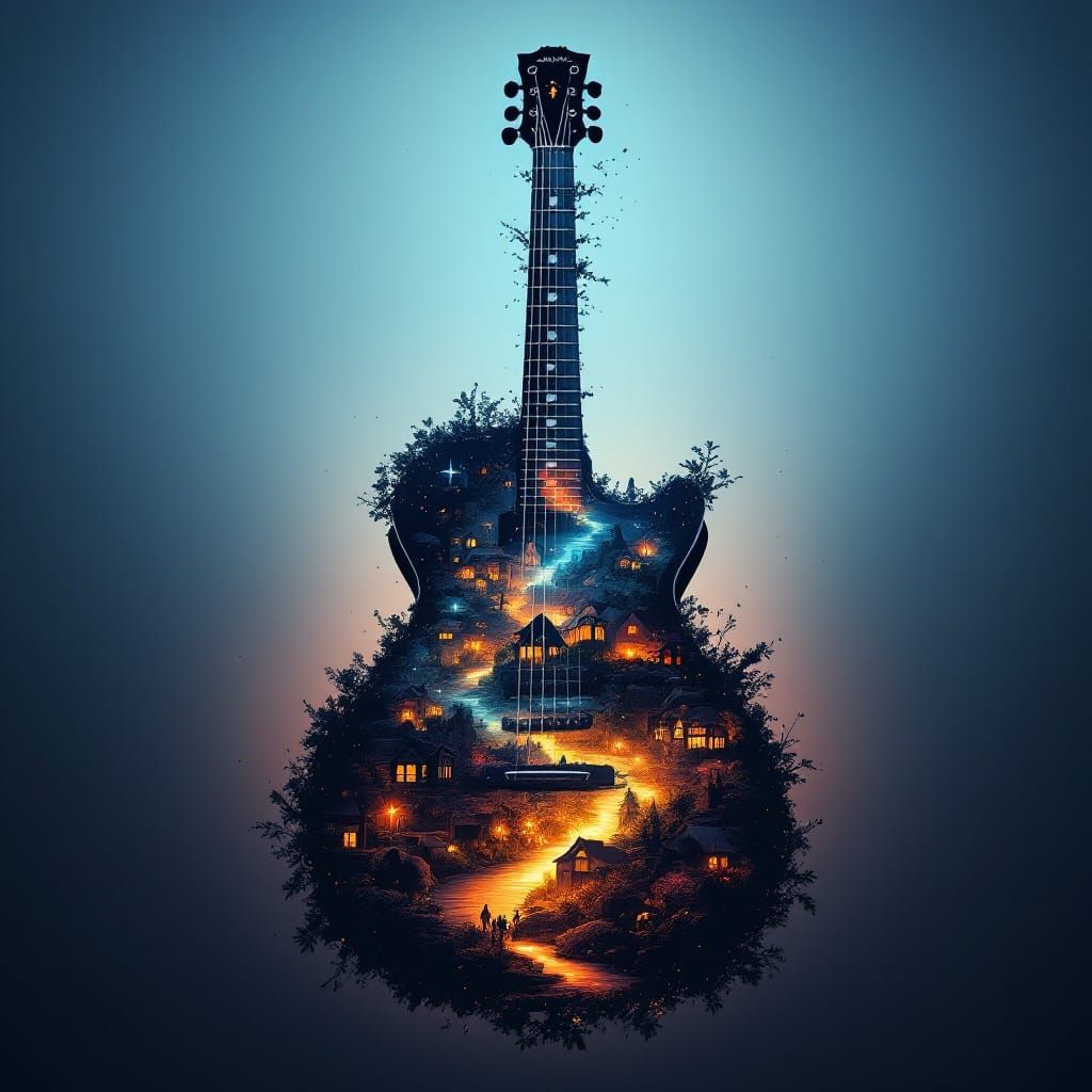 Fantastical Guitar Village in Vibrant Color