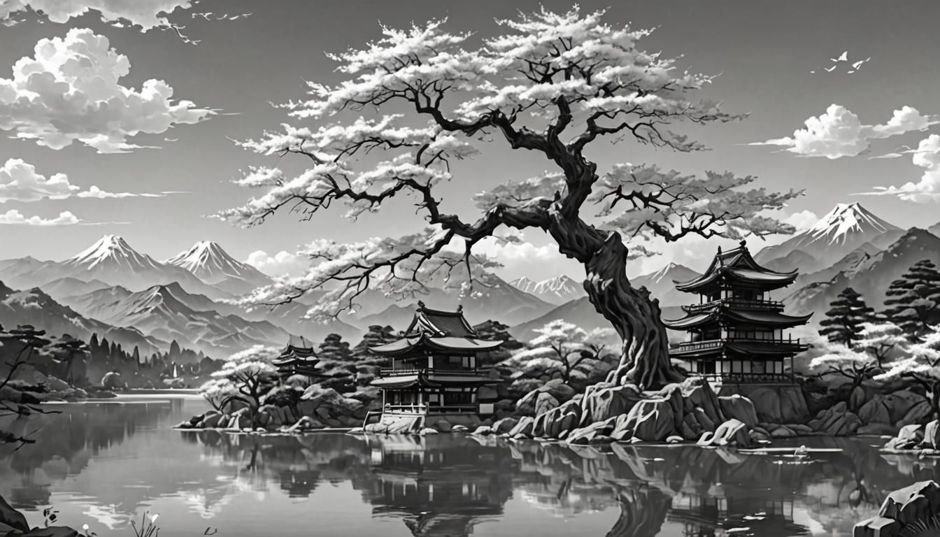 Sakura Tree Graphite Drawing in Anime Style