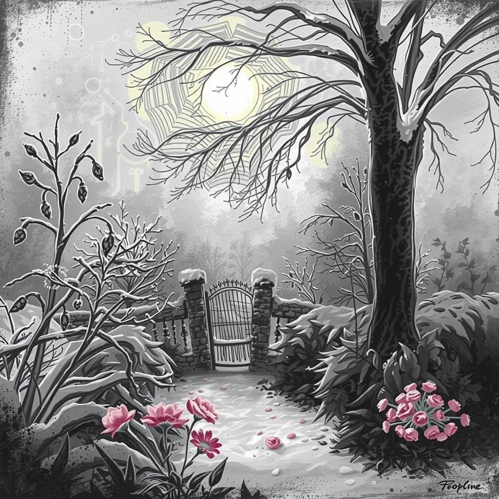 Winter Garden in Delicate Charcoal Drawing Style