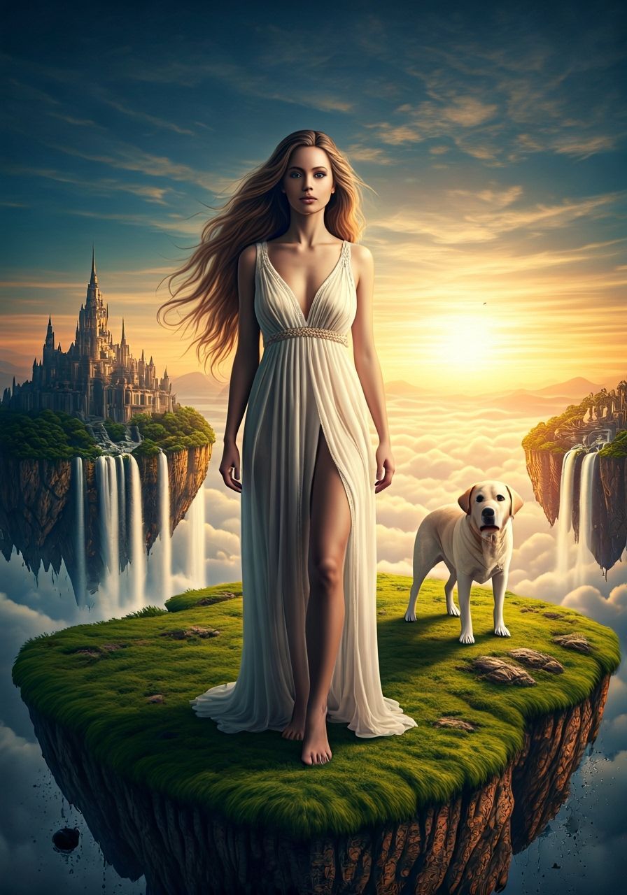 Woman and Dog on Floating Islands at Golden Hour