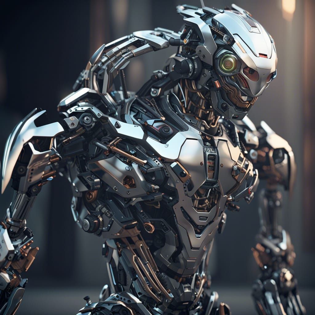 Futuristic Human Robot Hybrid with Polished Metal Finish