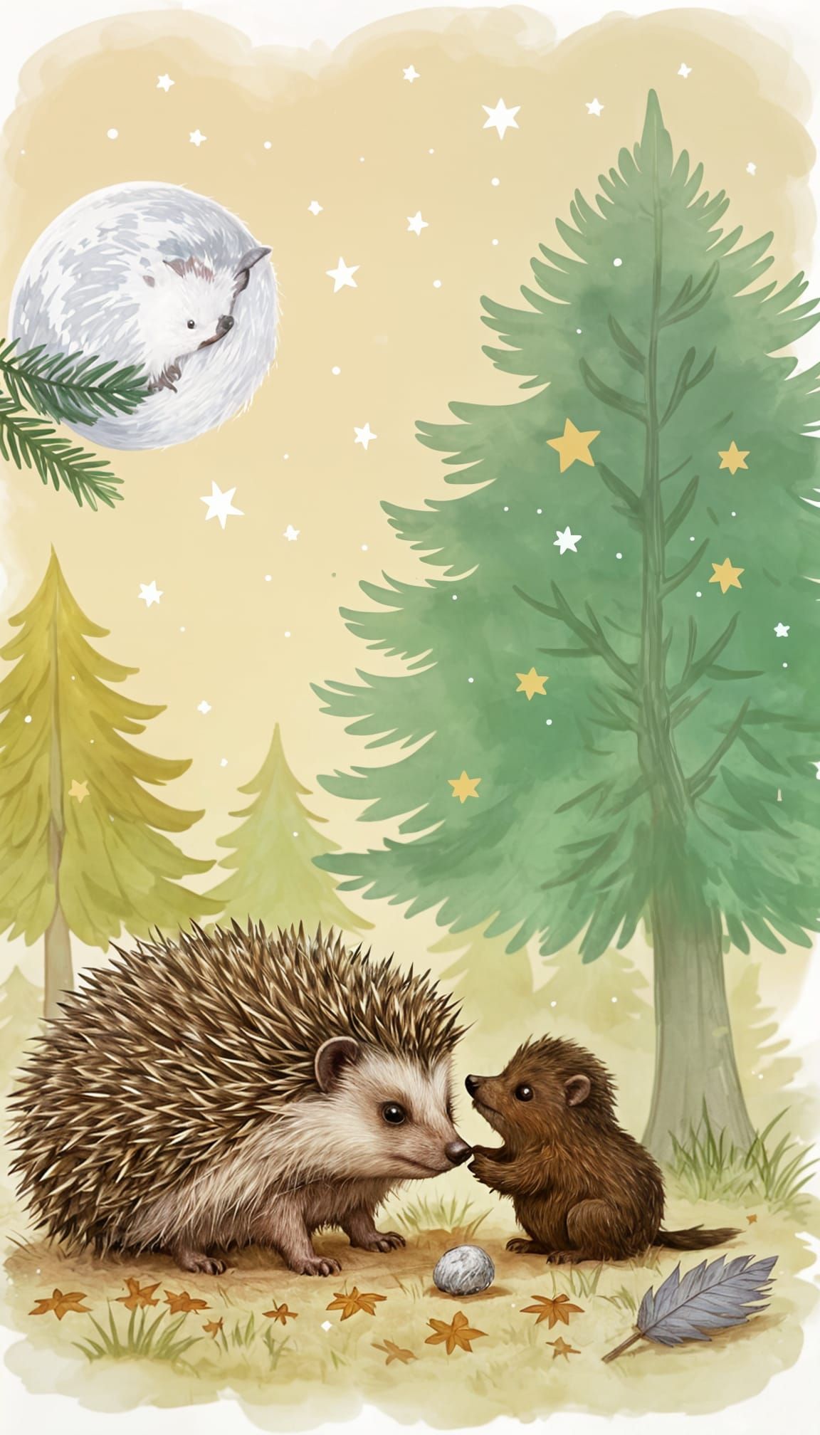 A hedgehog finds a feather and snuffles beneath the trees, a...