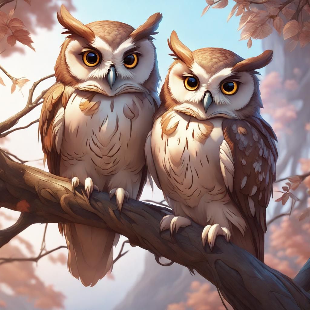 Romantic Owl Couple Cuddling, Detailed Portrait