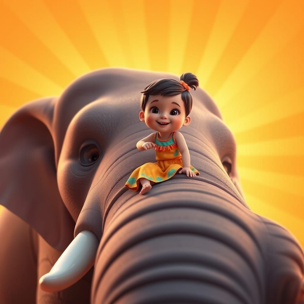 Girl Climbs Elephant Trunk in Pixar-Style 3D Art