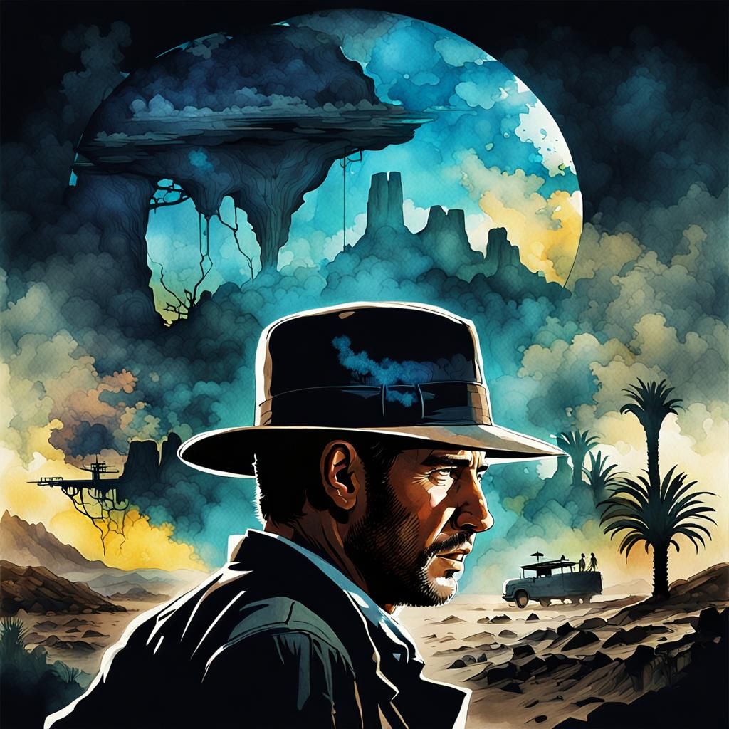 Indiana Jones Adventure in Ink Splatter Style