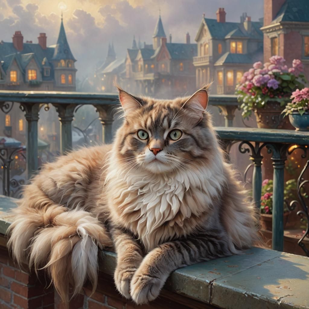 Fluffy Cat Balcony Scene in Ethereal Style