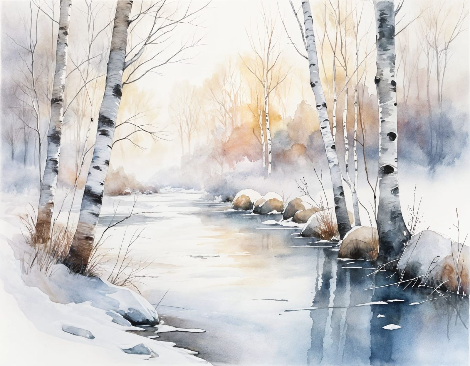 Winter Birch Forest Watercolor Landscape