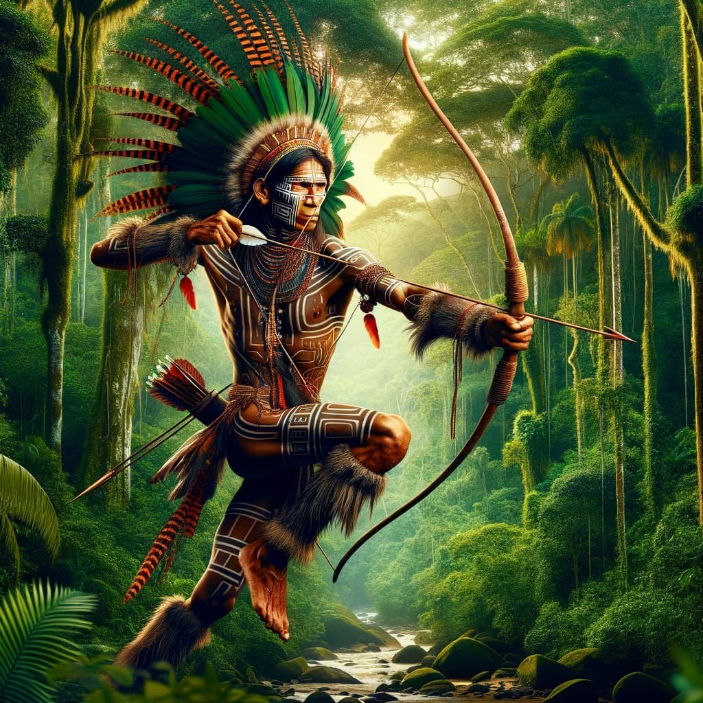 Tupi Warrior in Lush Amazon Jungle
