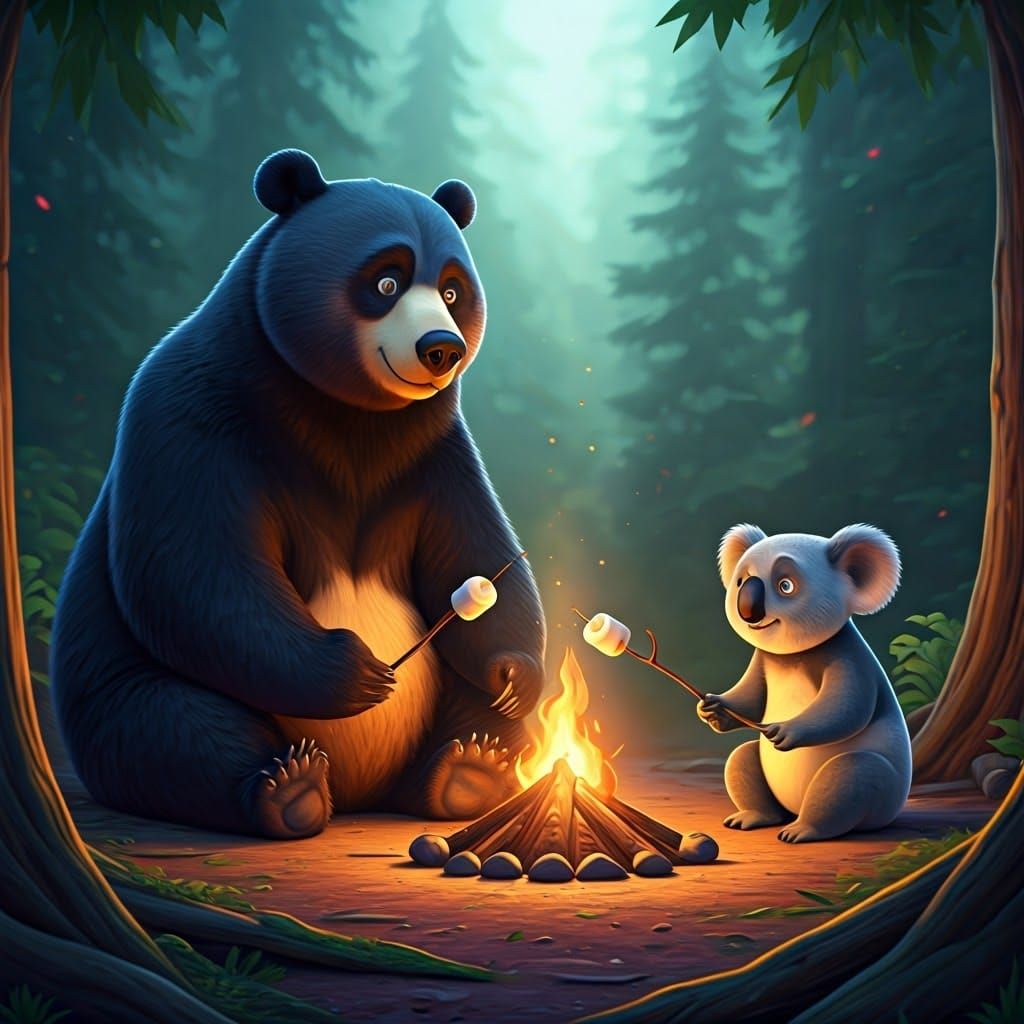 Cute Bears Roast Marshmallows in a Vibrant Pixar-Inspired Fo...