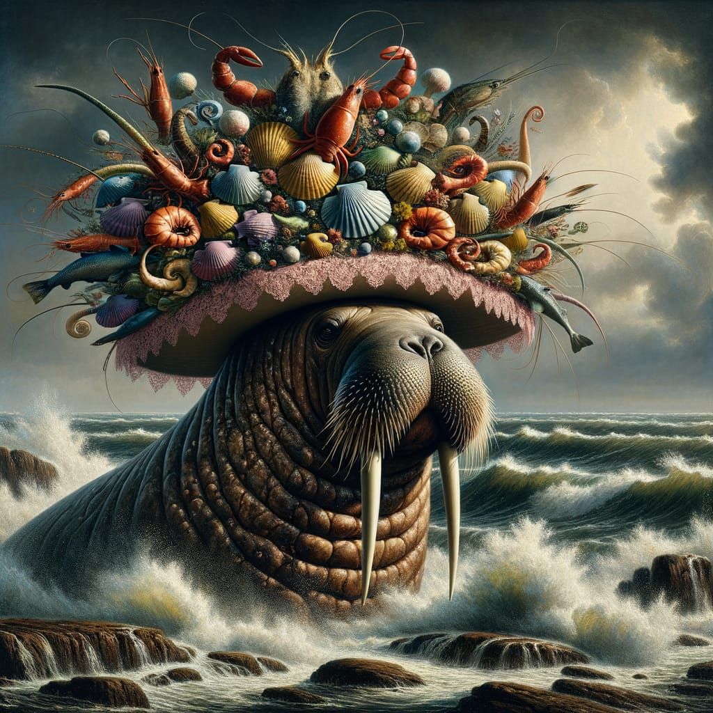 Majestic Walrus with Elaborate Sea Creature Hat on Stormy Sh...