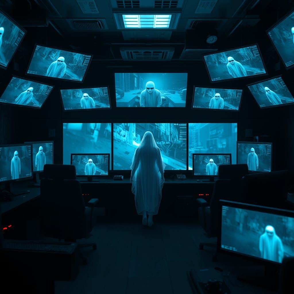 Surreal Surveillance HQ with Ghostly Apparitions in Cinemati...