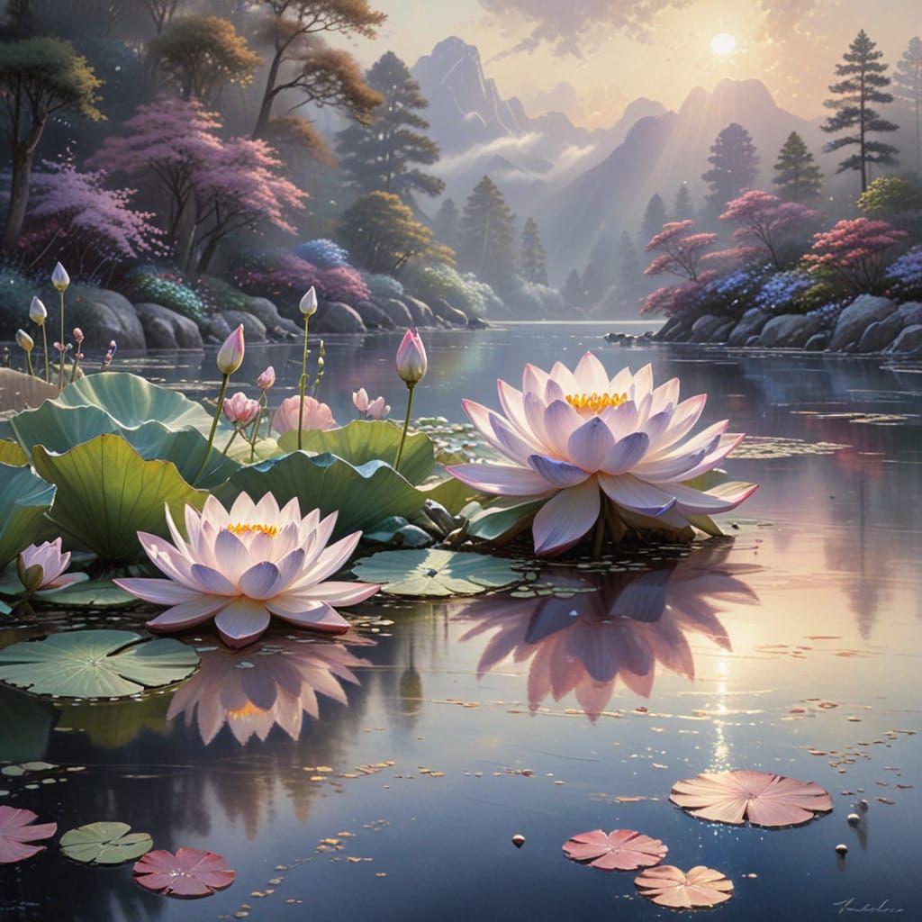 Glowing Lotus Flowers Surround Serene Crystal Lake