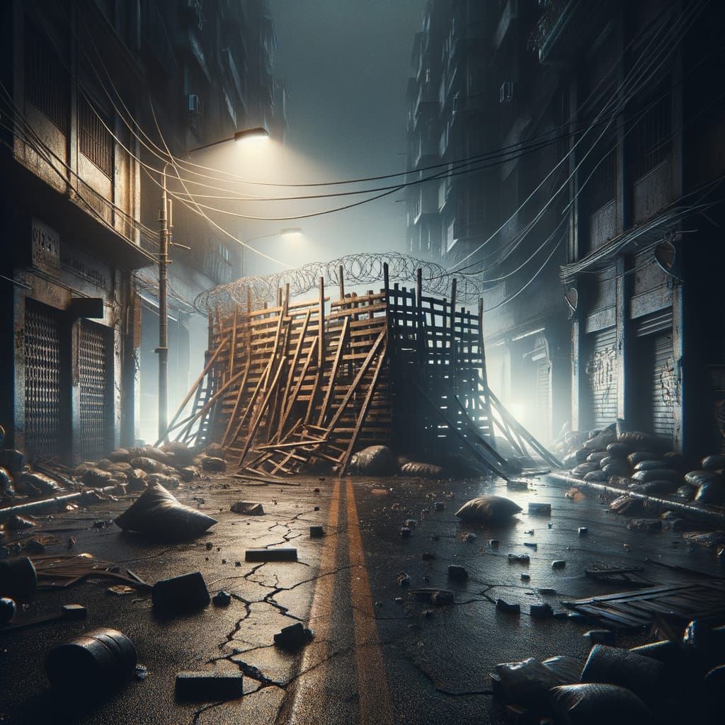Aftermath of Unrest: Barricade in Bleak Cityscape