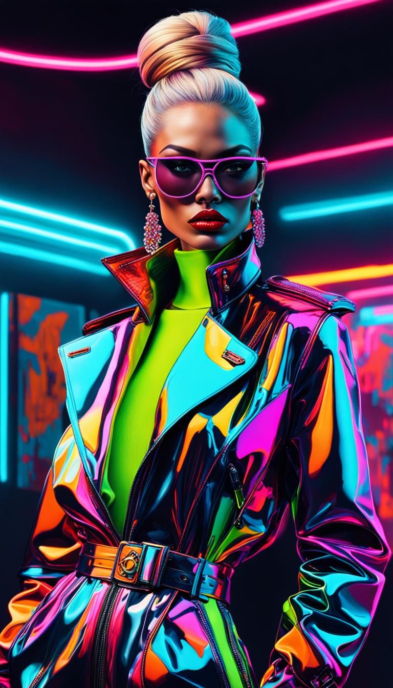 Neon High Fashion Maximalist Woman in Detailed Painting