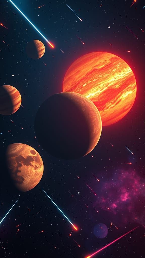 Planets in Cosmic Vortex of Glowing Meteors