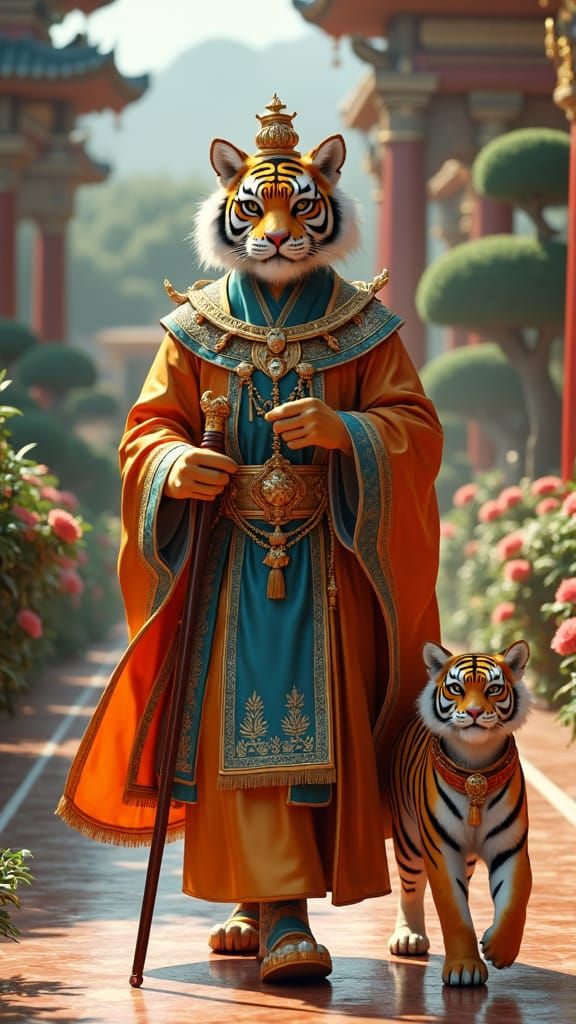 Tiger King and Prince in Lavish Palace Garden