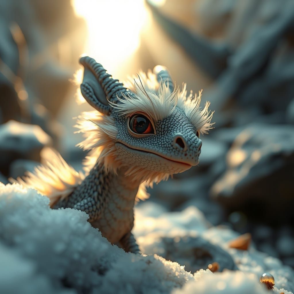 Fluffy Dragon Portrait in Icy Forest Clearing