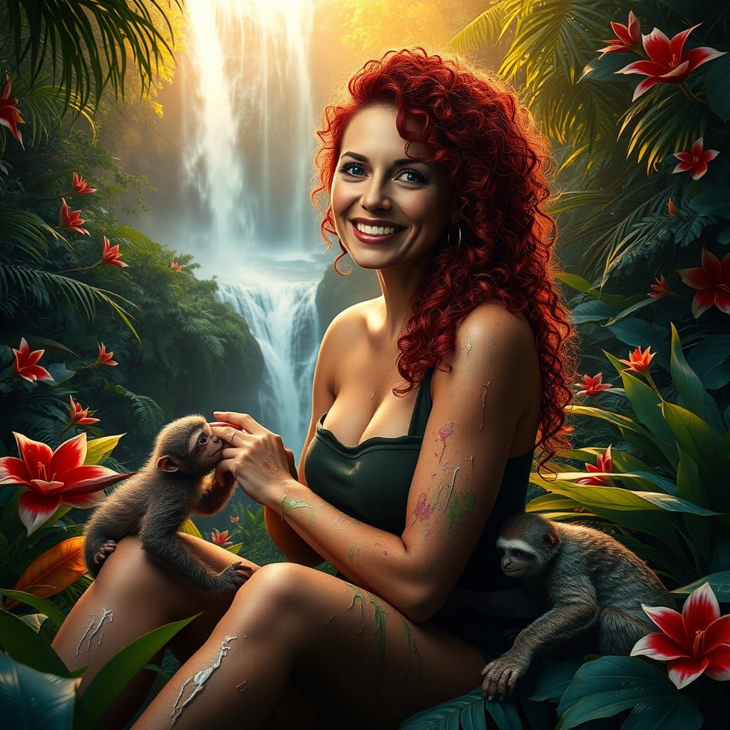 Surreal Jungle Goddess with Hyperrealistic Curly Red Hair
