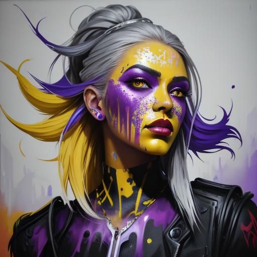 High-Contrast Graffiti Art: Woman with Feather Hair