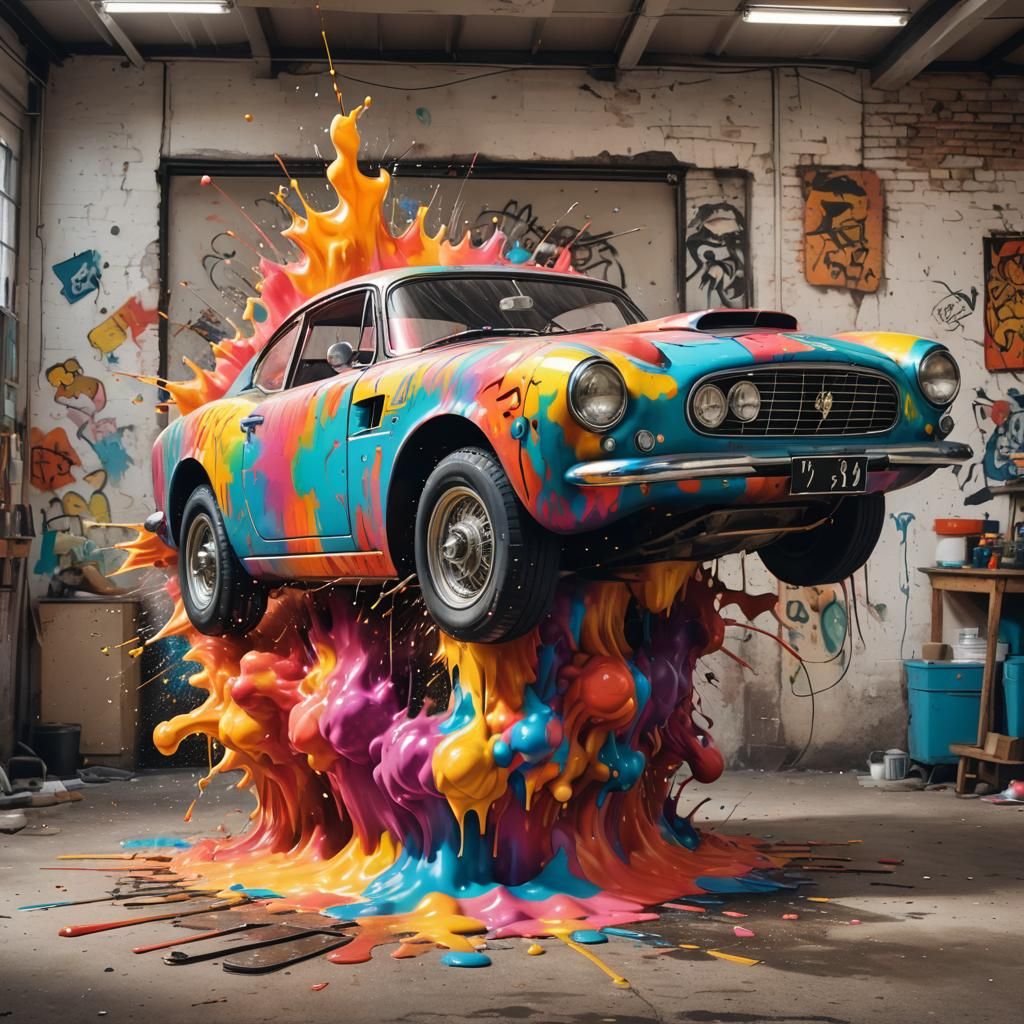 Ferrari Exploding in Workshop: Graffiti Art Style