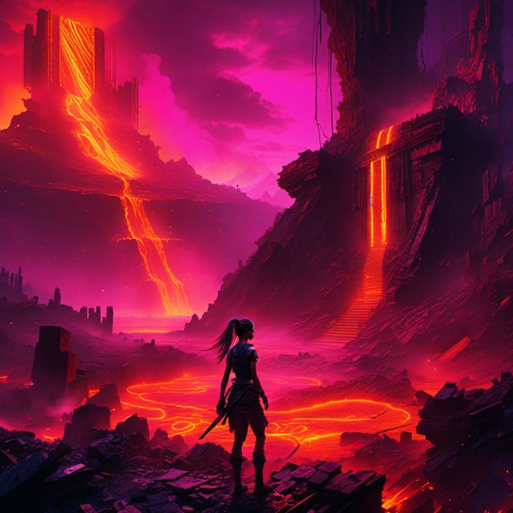 Sci-Fi Battle Scene with Lava and Pirate in Neon