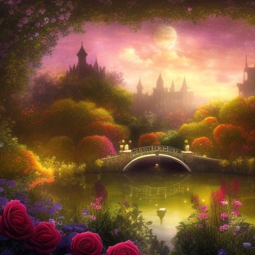 Rose Garden and Medieval City Under Starry Sky