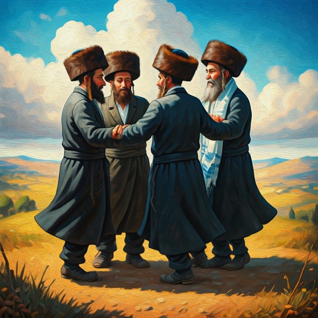 Joyful Hasidic Dancers in Early 20th-Century Folk Art Style