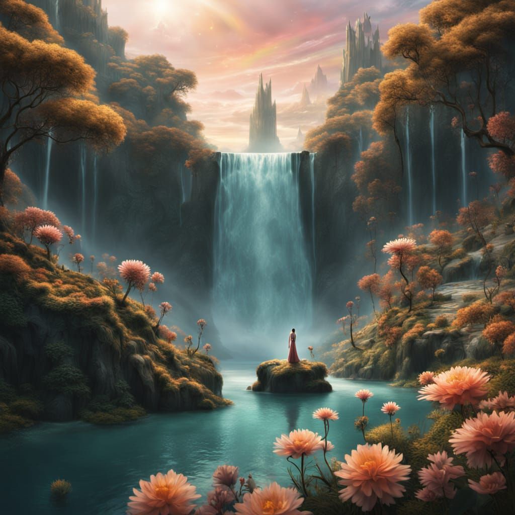 Ethereal Dancer in Vibrant Waterfall Wonderland