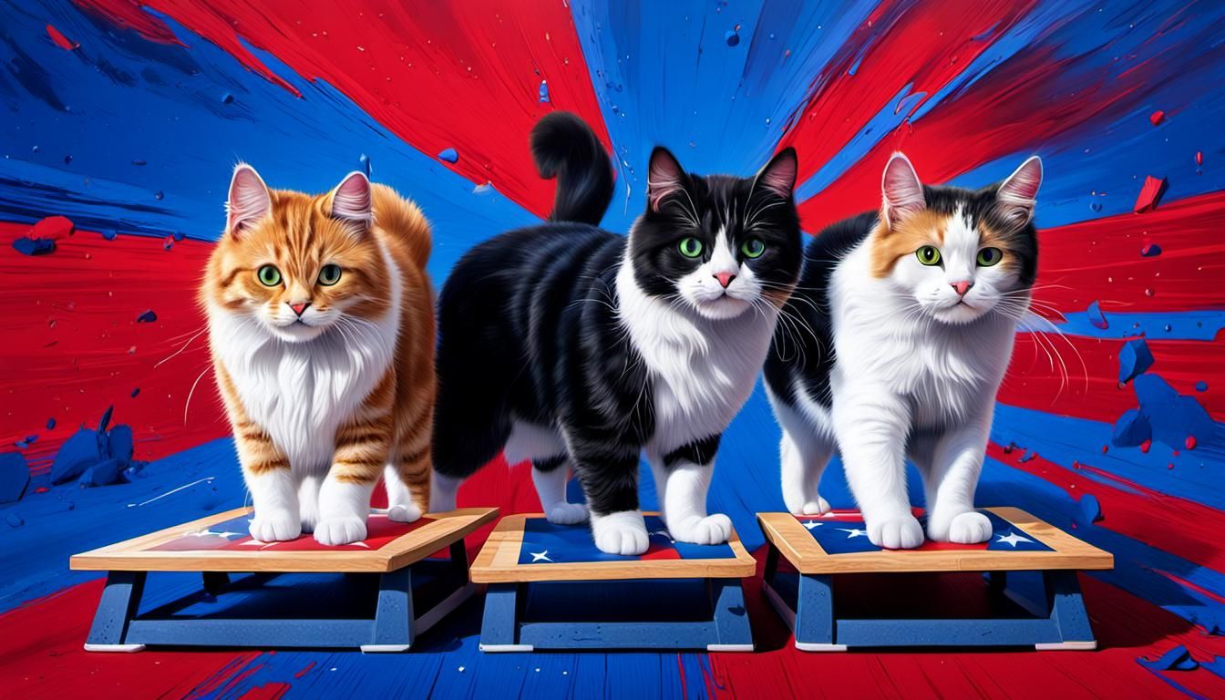Hyperrealistic Cats Play Cornhole with Patriotic Backdrop