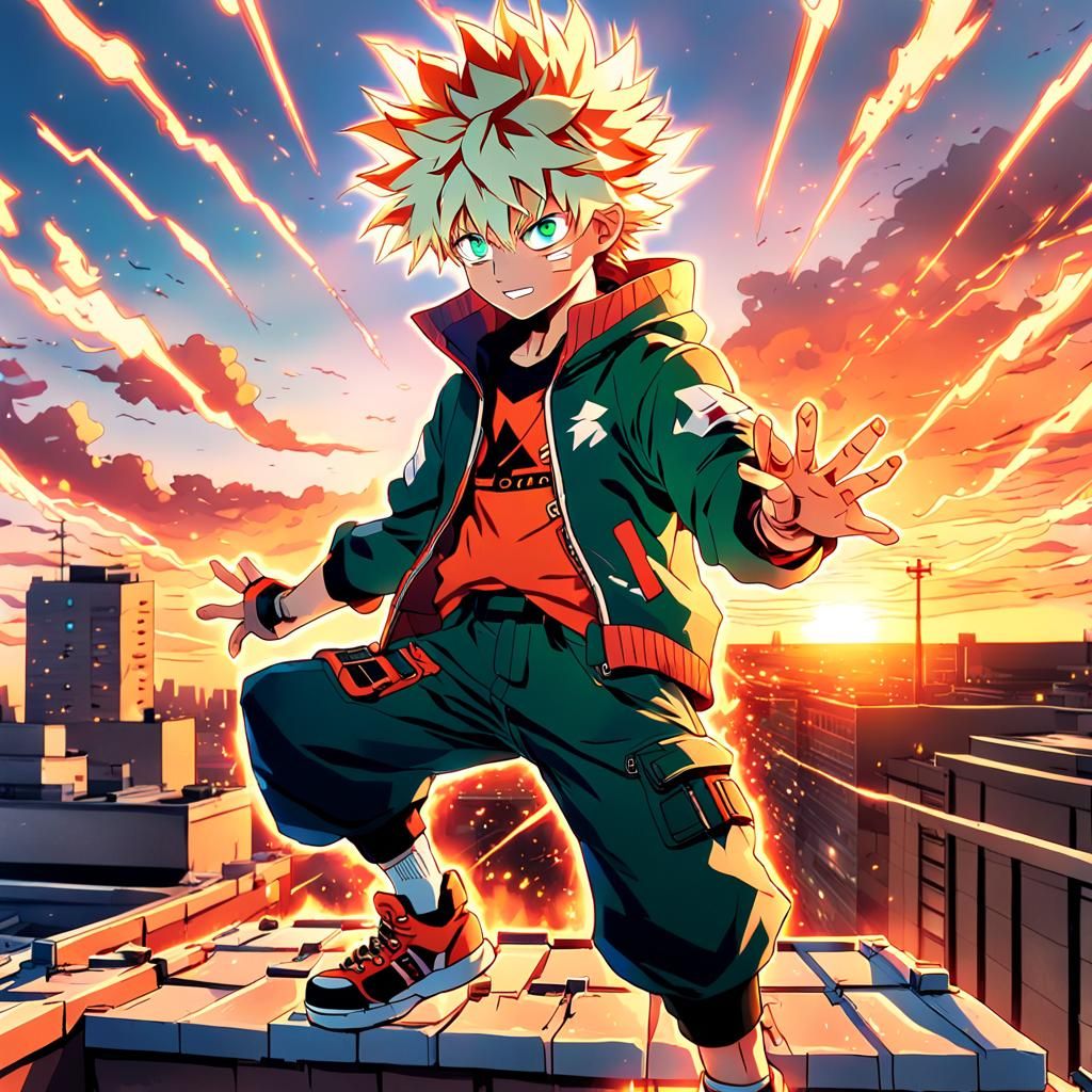 Katsuki Bakugo on Rooftop at Sunset in Anime Art