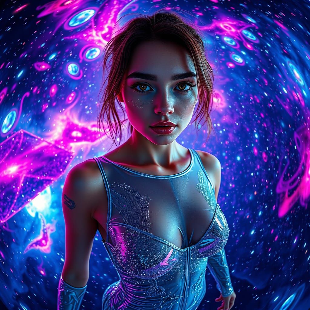 Woman in Vibrant Galaxies, Hypnotic Stare, Futuristic Style