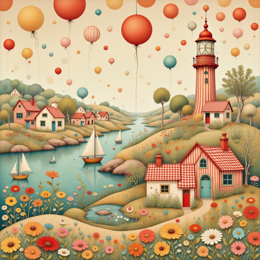 Dreamy Gingham Sailboats in Surreal Folk Art Nouveau Landsca...