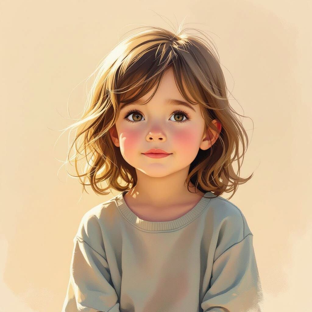 Gentle Child in Warm Light, Digital Watercolor Style