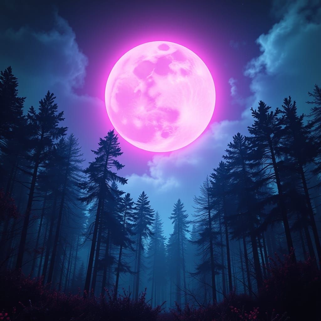 Cyberpunk Neon Moon Illuminates Forest