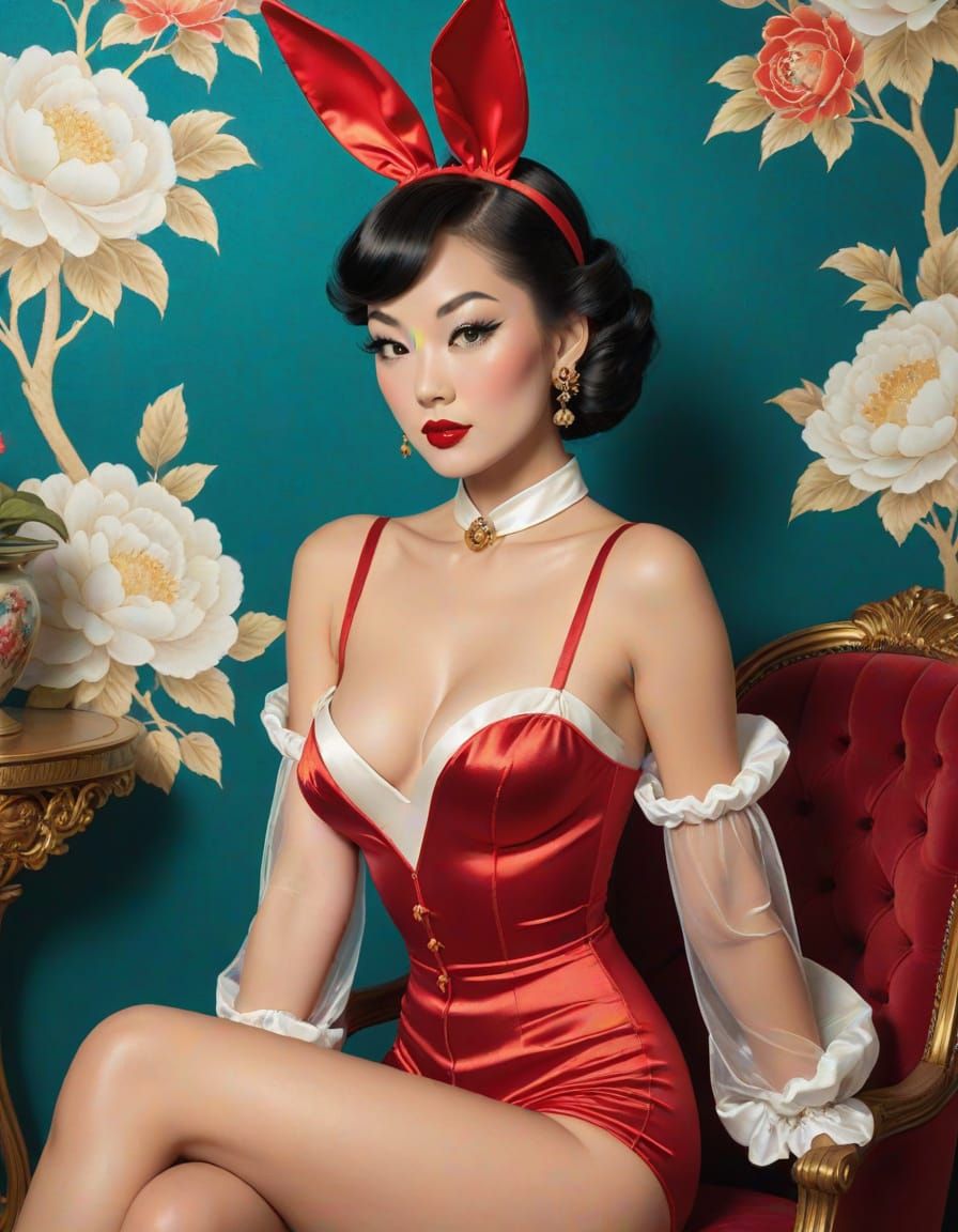 Asian Vintage Pin-Up in Elvgren Style