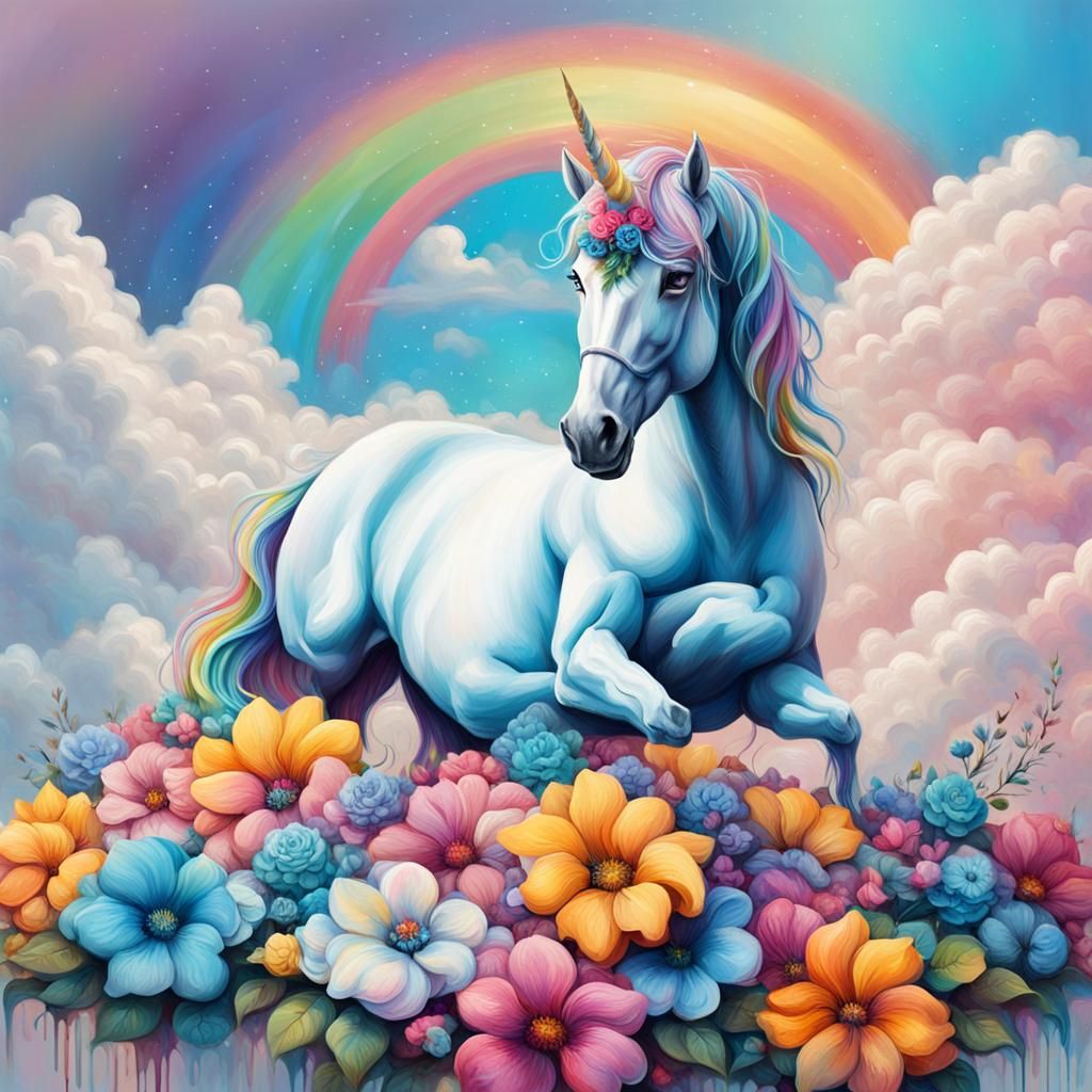 Pastel Unicorn with Flowers in Graffiti Art Style