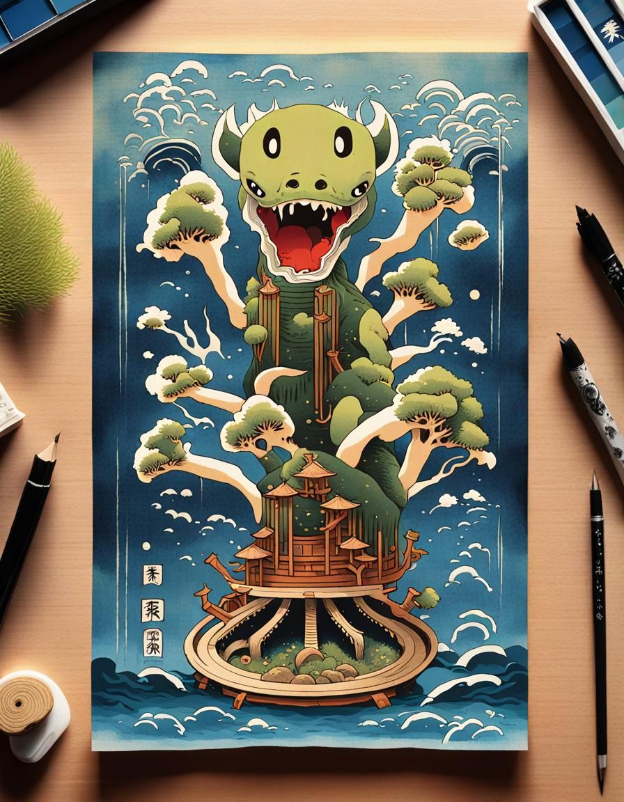 Chibi Gojira Kaiju in Ukiyo-E Style