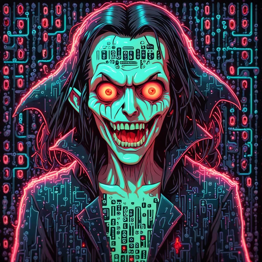 Neon Horror: Goofy Vampire in Binary Code Art