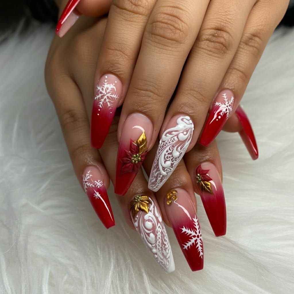 Festive Christmas Nail Art with Snowflakes and Poinsettias